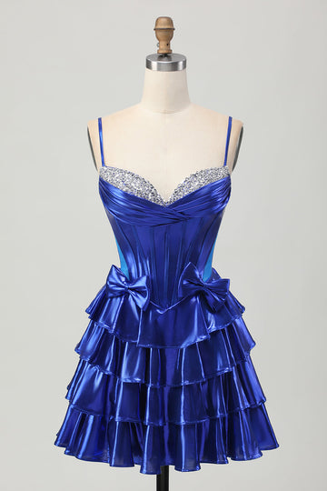 Sparkly Royal Blue Metallic Ruffled Short Corset Cocktail Dress with Bows